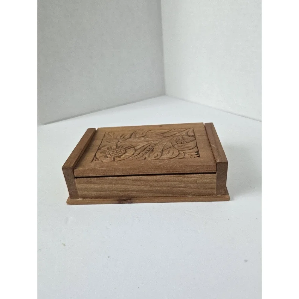 Vintage Hand Carved Wooden Trinket Box Hinged Lid Hungary European Folk Art